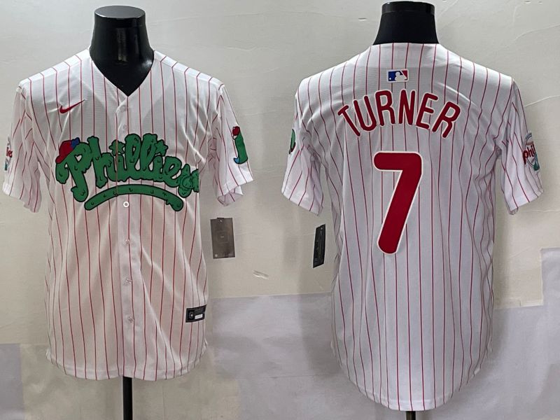 Men Philadelphia Phillies #7 Turner Stripe Red Four generations Joint Name 2025 Nike MLB Jersey style 1